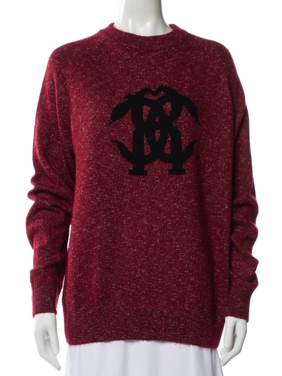 Roberto Cavalli Sweaters - Roberto Cavalli Burgundy Crewneck Sweater with Black Logo